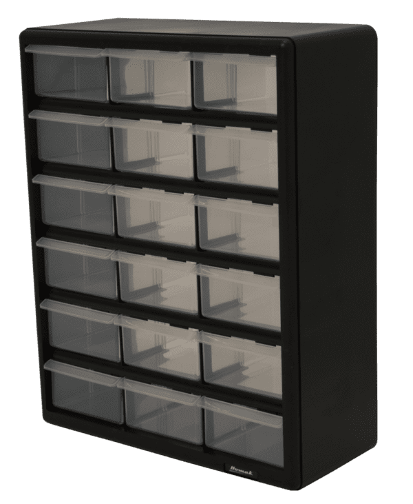 black storage with 18 clear drawers