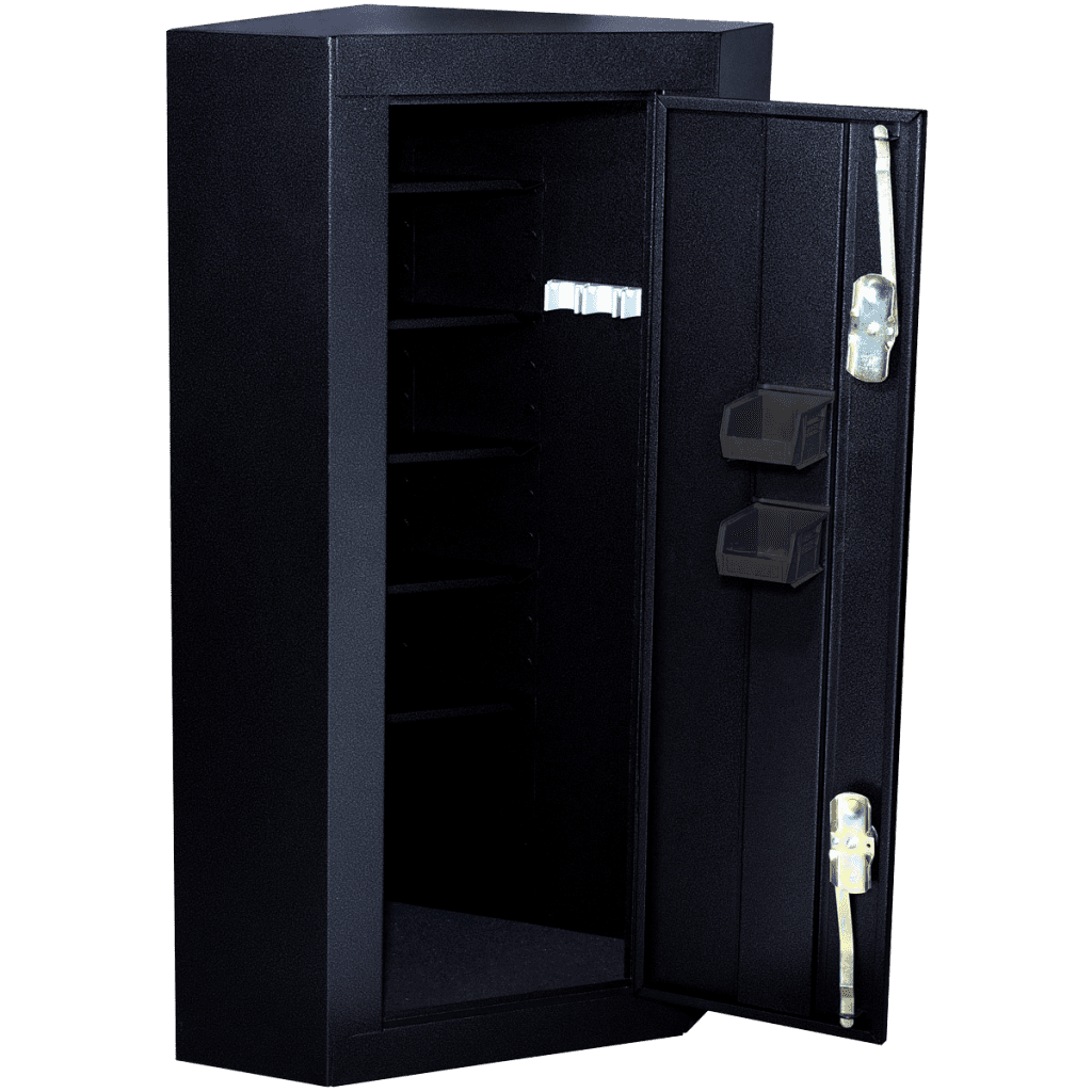 Corner gun safe storage for 10 guns