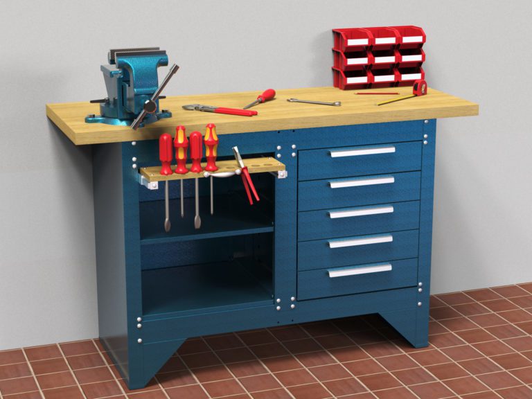 Work bench with tools 3D rendering